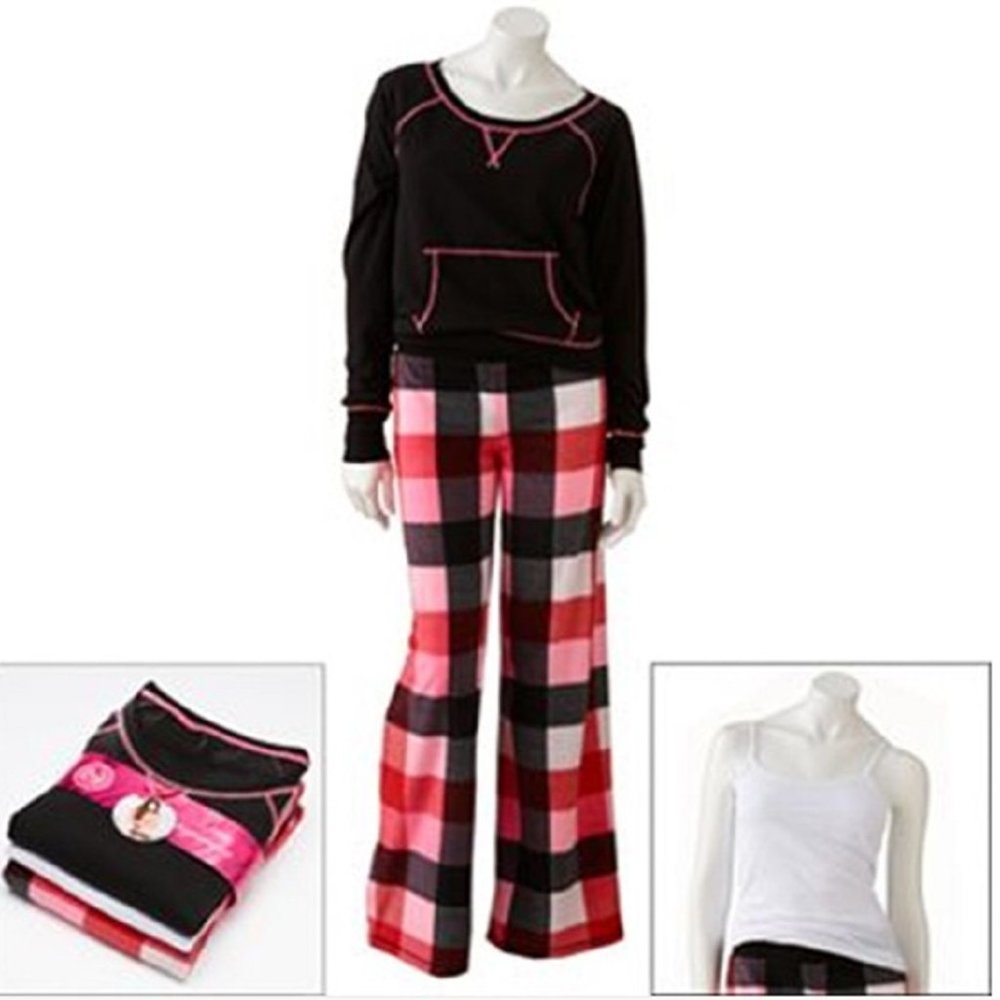 So Junior's 3-Piece Knit Fleece Top, Cami and Pants Pajamas Set, Black White